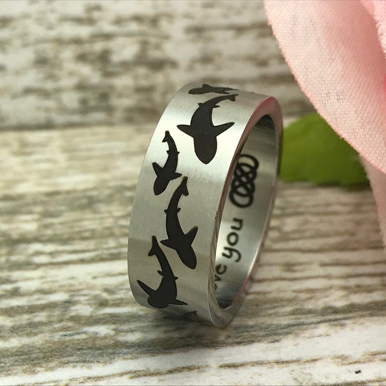 Personalized Wedding Ring gift for Him Name Ring Anniversary Rings Gift for Her 8mm Shark Ring Stainless Steel Ring with Shark Design