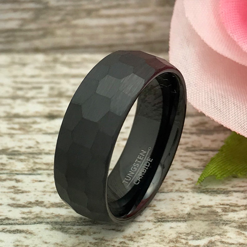 Anniversary Rings SHJTCR582 Comfort Fit Hammered Brushed Finish Wedding Ring 8mm Black Tungsten Ring Personalized Tungsten Rings