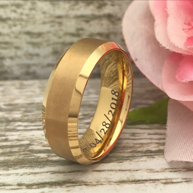 Men/'s Gold IP Plated Tungsten Wedding Ring Personalize Tungsten Ring 8mm Tungsten Ring Gift For Her Gift for Him Anniversary Ring
