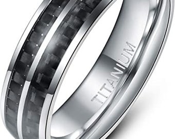 Titanium Ring Wedding Engagement Band Comfort Fit Anniversary Ring, Carbon Fiber Inlay Titanium Ring