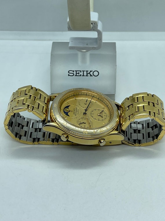 Montre Seiko Moonphase 7T36-7A00 Des Années 1990 - Chronographe, Phases De Lune, Boîtier Plaqué Or, Bracelet Cuir Marron - Occasion
