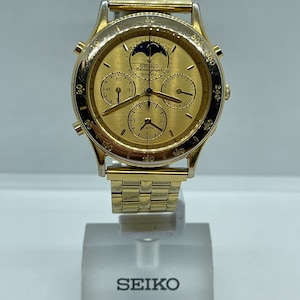 Vintage Seiko Moonphase Mens Quartz Chronograph Wristwatch 7T36-6A30 Alarm Japan