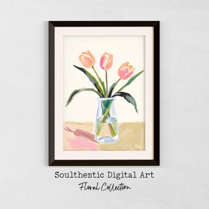 Tulip Still Life Print Colorful Wall Art, Botanical Art, Modern Farmhouse Floral Digital Print, Flower Printable Art, Classic Art Painting