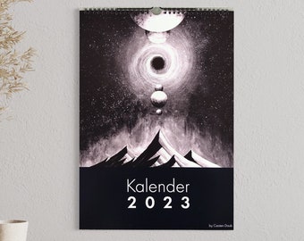 Kalender 2023 mit Illustrationen von Bergen, Universum, Planeten