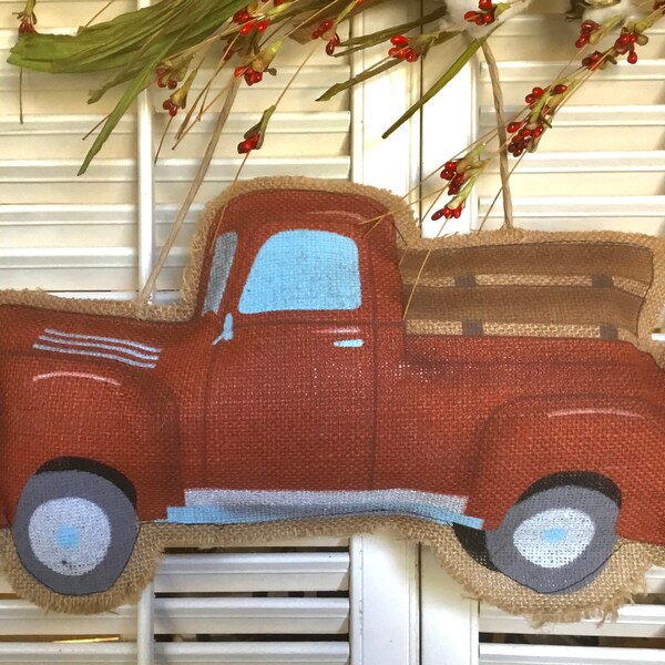 Burlap Door Hanging | Burlap Truck Door Hanging | Burlap Red Truck | Farmhouse Accent | Rustic Home Accent | Burlap Home Decor | Red Truck |