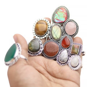Silver Plated Rings for Women - 10 Pcs Assorted Adjustable Rings Wholesale Jewelry Set, Handmade Statement Gemstone Rings For Girls