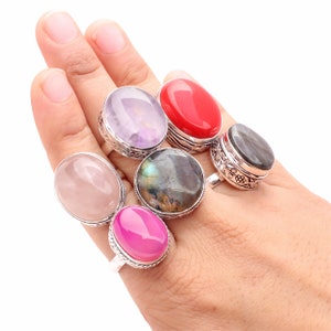 Silver Plated Adjustable Rings Set for Women - 10 Pcs Assorted Rings Wholesale Jewelry Set, Handmade Statement Gemstone Rings For Girls