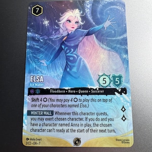 May include: A Disney Lorcana trading card featuring Elsa, the Ice Maker, with a cost of 7, strength 5, and willpower 5. The card displays a blue-toned illustration of Elsa, text detailing the Winter Wall ability, Shift 4 mechanics, and the artist credit Malia Ewart.
