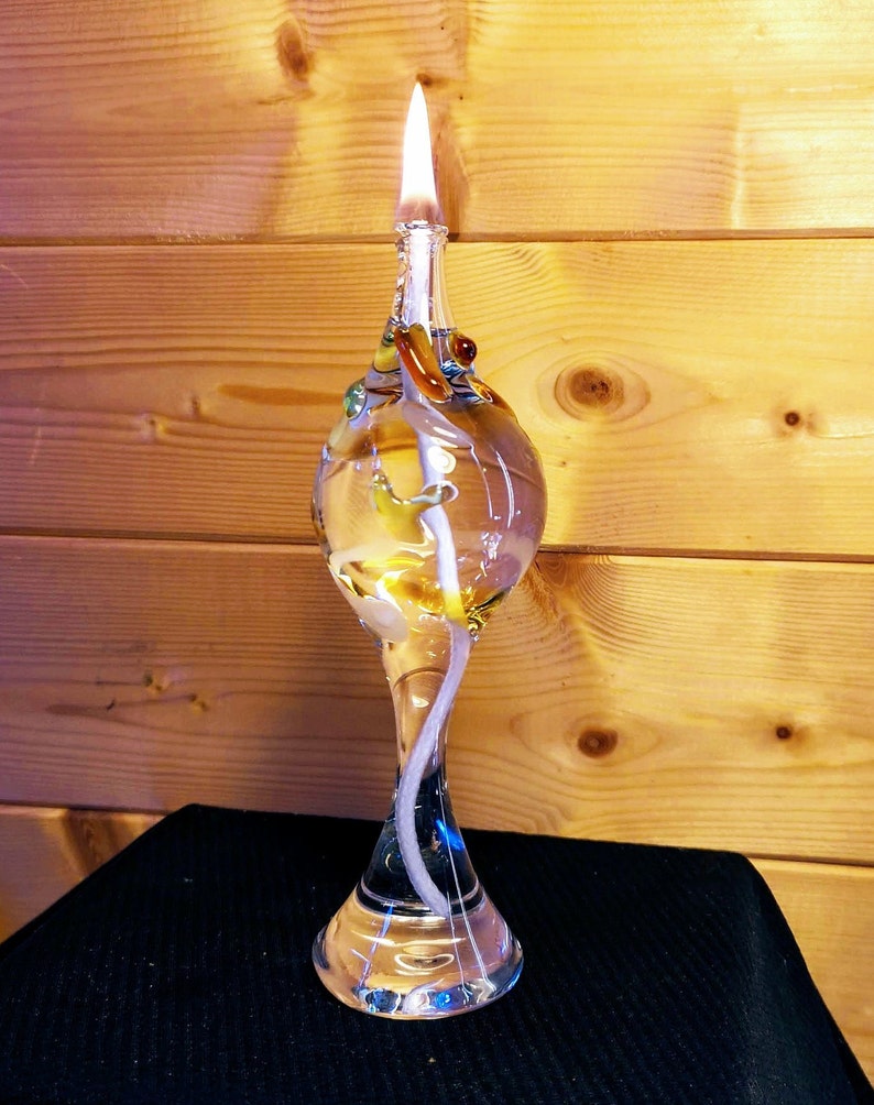 Hand Blown Glass Oil Lamp With Coloured Glass Accents Etsy