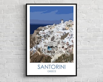 Santorini Greece Travel Poster, Minimalist City Wall Decor Travel Gift, Aesthetic Unique Travel Print, Cityscape Illustration Art Print