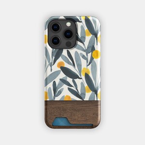 Senf Floral Kartenhalter | Aquarell Blumen schlanke Hülle | Passend für iPhone 16, 15 Pro Max, 14, 13, Samsung Galaxy S22, S21 Plus