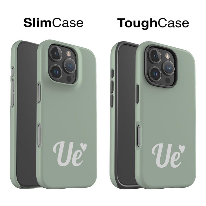 two different phone cases, one slim and one tough, both in a light green color.