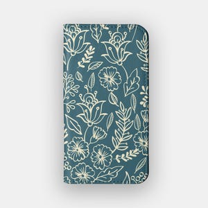 Teal Stengel Blumen Brieftasche Fall | Flower Line Vegan Lederfolie | Passend für iPhone 16, 15, 14, 13, Samsung Galaxy S25, S24, S23, S22