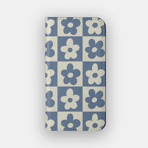Funda billetera abstracta de pétalos azules / Folio de cuero vegano con estampado floral llamativo / Compatible con iPhone 16, 15, 14, 13 y Samsung Galaxy S25, S24, S23 y S22