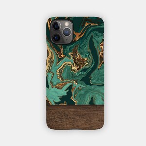 EMERALD SHINE iPhone Case - Marble and Wood Design for your Apple iPhone 15 14 13 12 11 - Trendy Protective iPhone Case