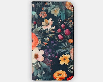 TABLE BLOOM Wallet Case - Dark Flowery Design for your Samsung S24 S23 S22 S21, iPhone 15 14 13 12 - Cute Folio Case