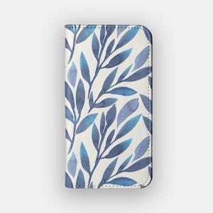 Teal Blues Blumen Brieftasche Fall | Blumen Wasserfarbe Vegan Leder Folio | Passend für iPhone 16, 15, 14, 13, Samsung Galaxy S25, S24, S23, S22