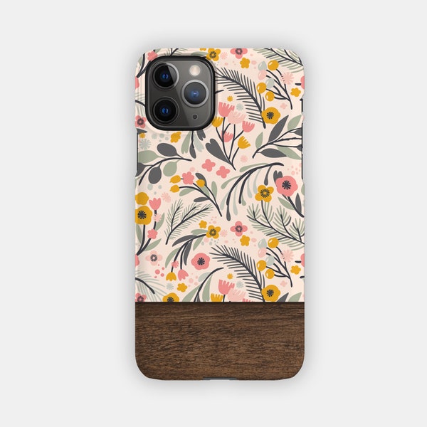 FRESH MEADOWS iPhone Case - Soft Florals and Wood Design for your Apple iPhone 15 14 13 12 11 - Floral Tough iPhone Case