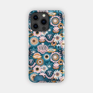 Custodia porta carte con motivo floreale blu invernale / Custodia porta carte con motivo floreale astratto / Compatibile con iPhone 16, 15 Pro Max, 14, 13, Samsung Galaxy S22, S21 Plus