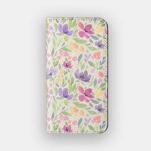 Funda tipo cartera con diseño floral Pastel Blooms / Funda de piel vegana con estampado de flores de acuarela / Compatible con iPhone 16, 15, 14 y 13, y Samsung Galaxy S25, S24, S23 y S22