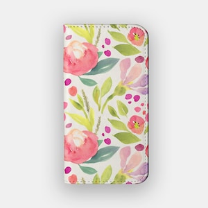 Neue Stems Floral Brieftasche Hülle | Pastel Flower Vegan Lederfolie | Passend für iPhone 16, 15, 14, 13, Samsung Galaxy S25, S24, S23, S22