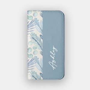 Funda tipo cartera floral Faint Skies / Funda tipo libro de piel vegana con diseño de acuarela floral / Compatible con iPhone 16, 15, 14 y 13, y Samsung Galaxy S25, S24, S23 y S22