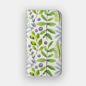 portefeuille à fleurs Green Garden | folio de rangement pour cartes floral pastel doux | Compatible avec les iPhone 16, 15, 14, 13, Samsung Galaxy S25, S24, S23, S22