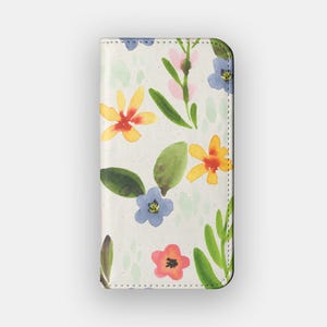 繊細なガーデンフローラルウォレットケース | 花の水彩画フェイクレザーフォリオ | iPhone 16、15、14、13、Samsung Galaxy S25、S24、S23、S22に対応