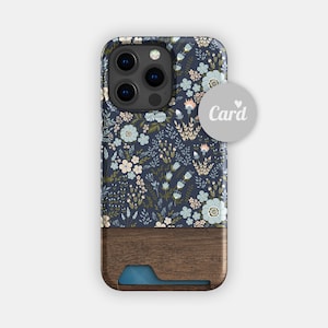 Marineblauwe kaarthouder met bloemen | Smalle hoes met bloem en aquarel | Geschikt voor iPhone 16, 15 Pro Max, 14, 13, Samsung Galaxy S22, S21 Plus