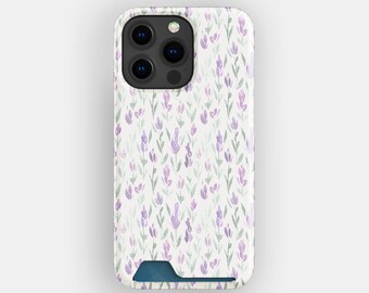 Lavender Love Card Holder Phone Case, For iPhone 17, 16, 15, Floral Green Design