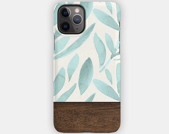 OCEAN LEAVES iPhone Case - Aqua Florals and Wood Design for your Apple iPhone 15 14 13 12 11 - Botanical Tough iPhone Case