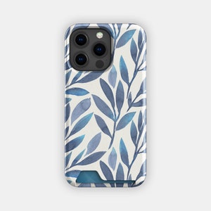 Teal Blues Floral Kartenhalter | Blumen Aquarell dünne Hülle | Passend für iPhone 16, 15 Pro Max, 14, 13, Samsung Galaxy S22, S21 Plus