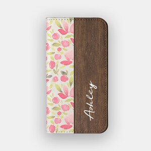 Funda tipo cartera con diseño floral de tallos de coral / Funda tipo libro de piel vegana con diseño de flores de acuarela / Compatible con iPhone 16, 15, 14 y 13, y Samsung Galaxy S25, S24, S23 y S22
