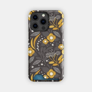 Gold Blüten Floral Kartenhalter | Blumen Kartenetui | Passend für iPhone 16, 15 Pro Max, 14, 13, Samsung Galaxy S22, S21 Plus