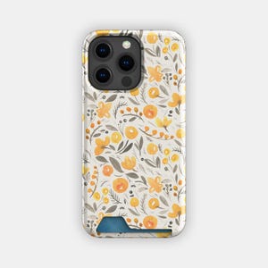 Kaarthouderetui met gouden verspreide bloemen | Dunne hoes met pastelkleurige bloemen | Geschikt voor iPhone 16, 15 Pro Max, 14, 13, Samsung Galaxy S22, S21 Plus