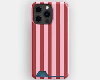 Cherry Lines Card Holder Phone Case, For iPhone 17, 16, 15, Striped Pink Design