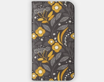 GOLD BLOOMS Wallet Case - Yellow Floral Design for your Samsung S24 S23 S22 S21, iPhone 15 14 13 12 - Botanical Folio Case