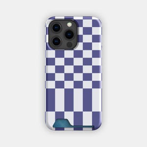 Estuche para tarjetas con diseño abstracto de cuadros azules / Estuche delgado con cuadros llamativos / Compatible con iPhone 16, 15 Pro Max, 14, 13, Samsung Galaxy S22, S21 Plus