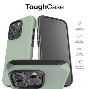a green and black ToughCase phone case with three camera lenses, showcasing its durability and protection.