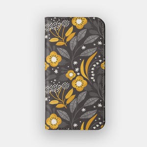 Gold Blüten Blumen Brieftasche Hülle | Fettes Blumen-Faux-Leder-Folio | Passend für iPhone 16, 15, 14, 13, Samsung Galaxy S25, S24, S23, S22