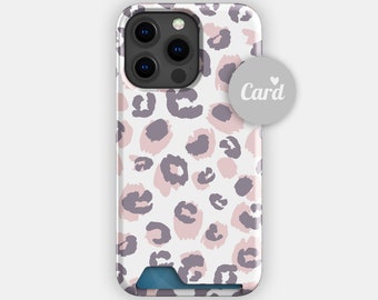 Etui na karty w kolorze różowego cętku z panterką | Etui na karty z nadrukiem zwierzęcym | Pasuje do iPhone'a 16, 15 Pro Max, 14, 13, Samsunga Galaxy S22, S21 Plus