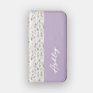 portefeuille floral Love lavande | Étui folio en cuir végétalien aquarelle floral | Compatible avec les iPhone 16, 15, 14, 13, Samsung Galaxy S25, S24, S23, S22