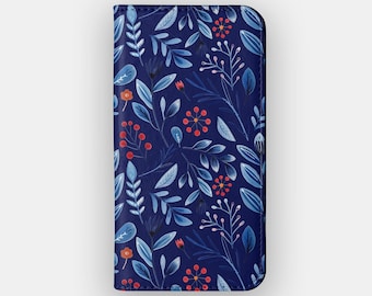 Navy Doodle Floral Watercolour Wallet Phone Case for Samsung S26, S25, S24, iPhone 17