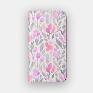 Portemonneehoesje met violet stengels | Opbergmap voor bloemen aquarel kaart | Geschikt voor iPhone 16, 15, 14, 13, Samsung Galaxy S25, S24, S23, S22