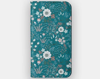 Teal Scattering Floral Watercolour Wallet Case for iPhone 18, 17, 16, Samsung S26, S25