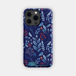 Porte-cartes bleu marine à motif floral Doodle | porte-cartes fleur bleu | Compatible avec les iPhone 16, 15 Pro Max, 14, 13, Samsung Galaxy S22, S21 Plus