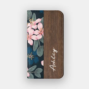 Funda tipo cartera con estampado floral rosa disperso / Funda tipo libro de piel sintética con flores llamativas / Compatible con iPhone 16, 15, 14, 13 y Samsung Galaxy S25, S24, S23 y S22