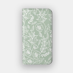 Sage Stems Floral Wallet Case | Green Flower Vegan Leather Folio | Fits iPhone 16, 15, 14, 13, Samsung Galaxy S25, S24, S23, S22
