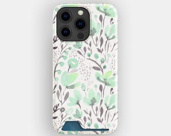 Fresh Mint Card Holder Phone Case, For iPhone 17, 16, 15, Floral Green Design
