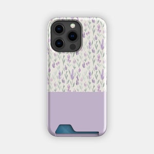 Lavender Love Floral kaarthouder | Smalle hoes met bloem en aquarel | Geschikt voor iPhone 16, 15 Pro Max, 14, 13, Samsung Galaxy S22, S21 Plus